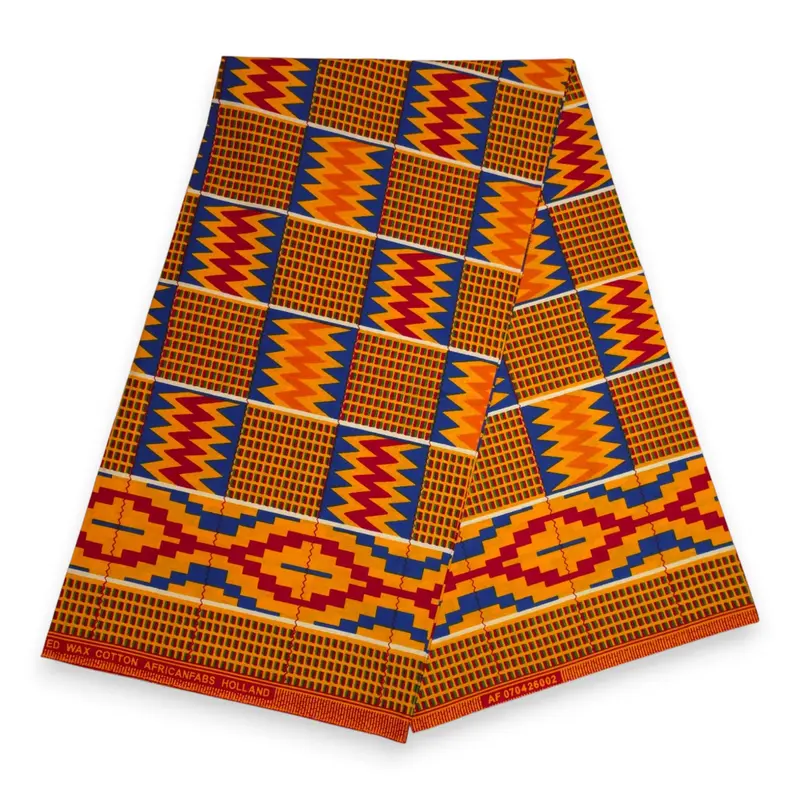 African Wax print fabric - Orange Kente Print Zigzag Ghana - 100% cotton