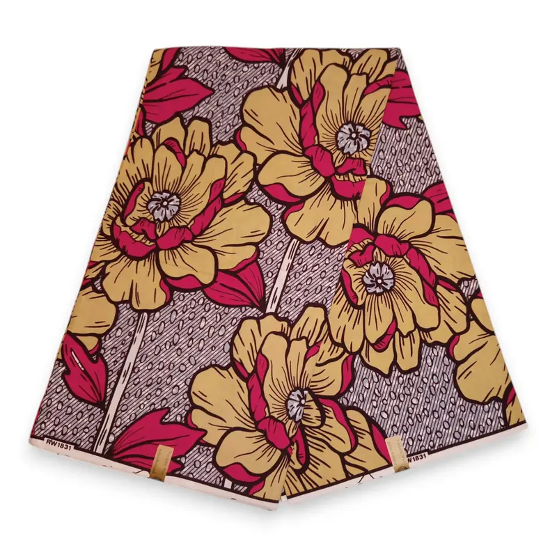 African Wax print fabric - Yellow & Pink Bold Flowers
