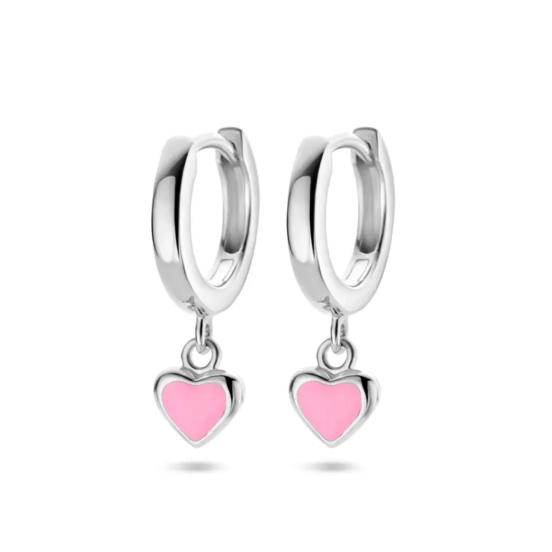 'Amia' 925 gerhodineerd zilveren klapoorringen hartje roze