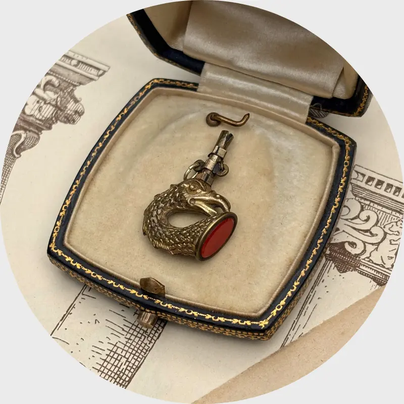 Antique Brass & Carnelian Eagle Watch Key Pendant