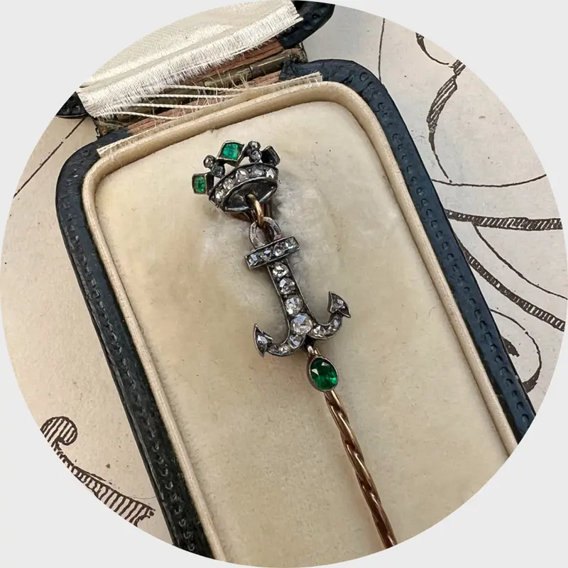 Antique Emerald & Diamond Crowned Anchor Stickpin in Box