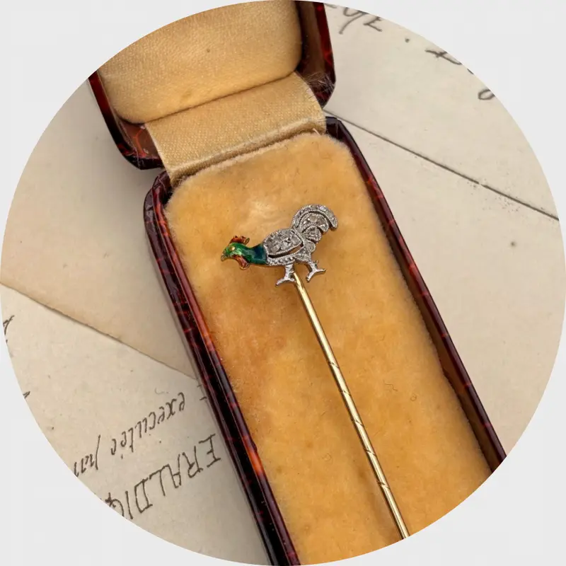 Antique Enamel & Diamond Rooster Stickpin