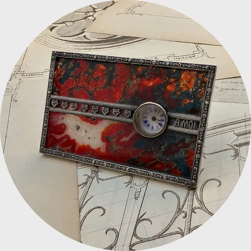 Antique Silver & Agate 'Pensee a Moi' Desk Clock
