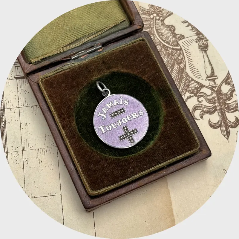 Antique Silver Enameled 'Jamais Moins Toujours Plus' Rebus Pendant