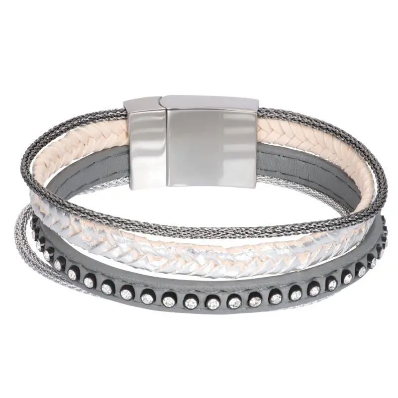 Armband Leather Small Zirconia Steel Zilverkleurig