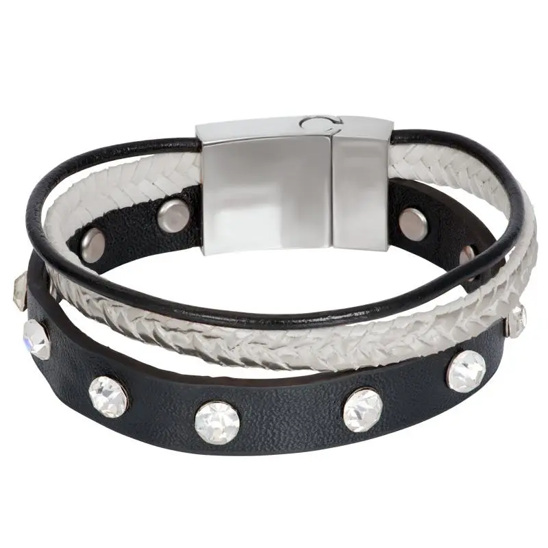 Armband Leather Zirconia Steel Zilverkleurig