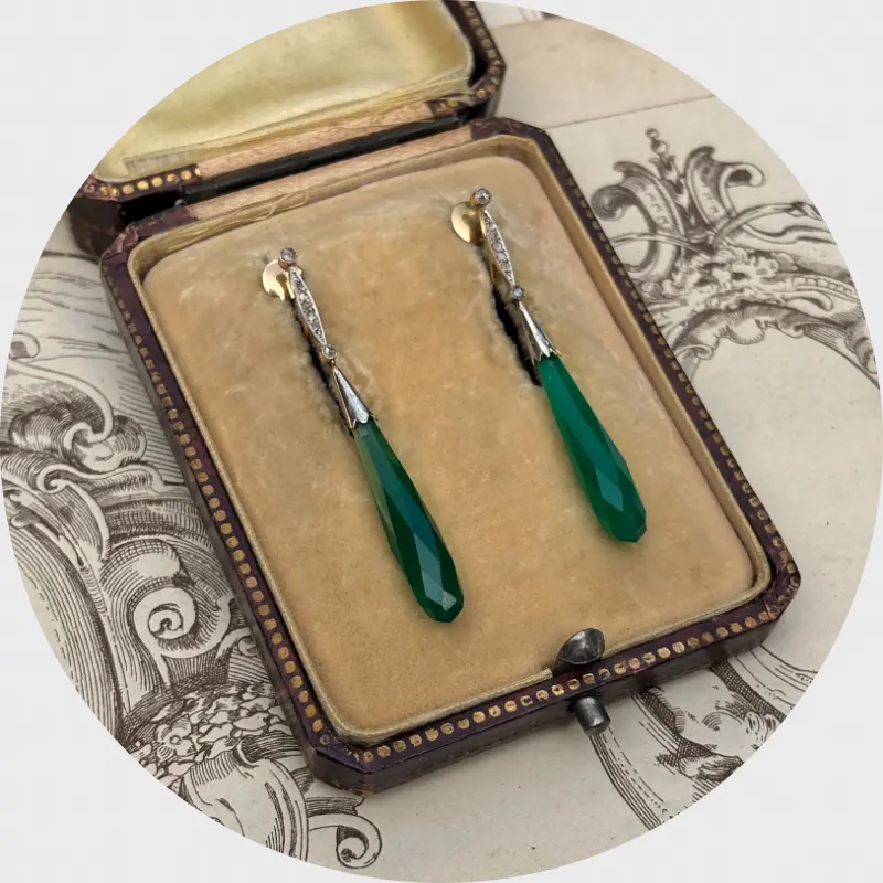 Art Deco Chalcedony & Diamond Drop Earrings with Screw Fittings
