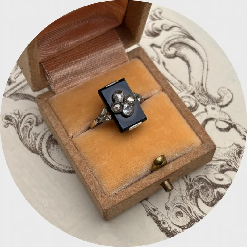 Art Deco Onyx & Diamond Clover Ring