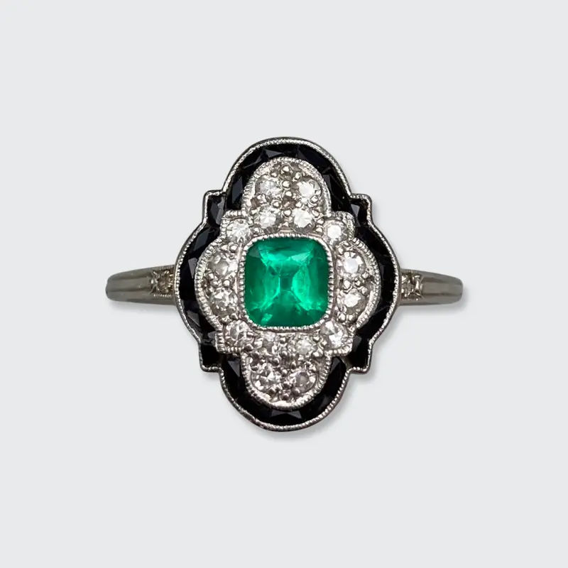 Art Deco Platinum Emerald & Onyx Ring