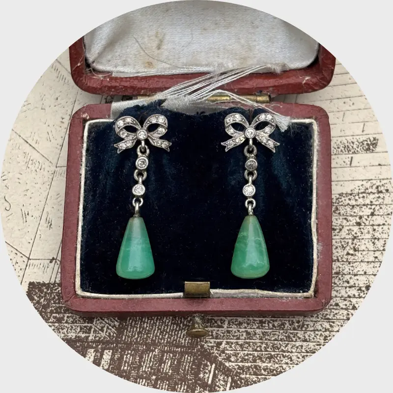 Art Deco Platinum Jade & Diamond Bow Earrings