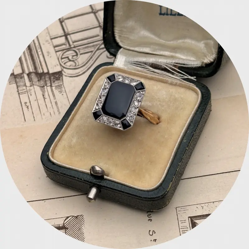 Art Deco Style Black Enamel & Diamond Panel Ring