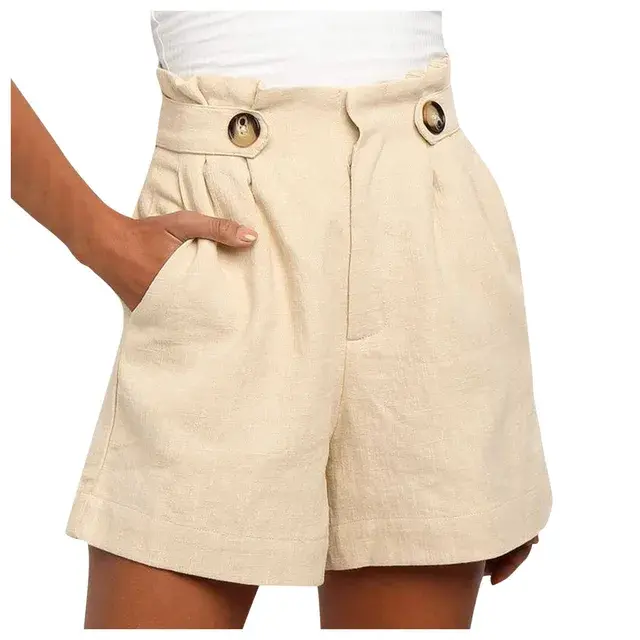 Beige Damen High Waist Sommer-Shorts mit weitem Bein – Maya