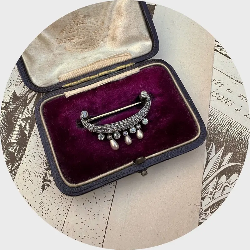 Belle Epoque Pearl & Diamond Crescent Moon Brooch