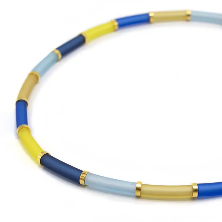 Bits & Pieces, kleurrijke ketting zero waste  blauw/mosterd