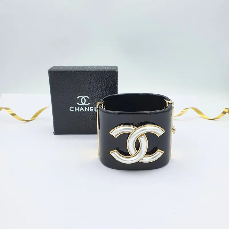 Black Chanel Oversized CC Logo White Enamel Bracelet