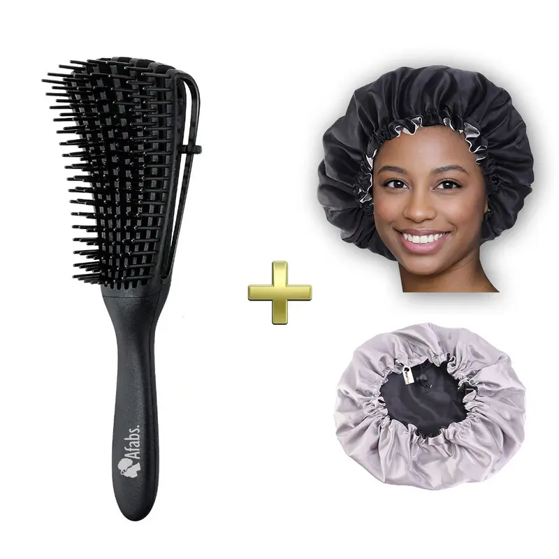 Black Detangler brush + Black / Grey Satin Hair Bonnet | Comb for curls | Afro hair brush