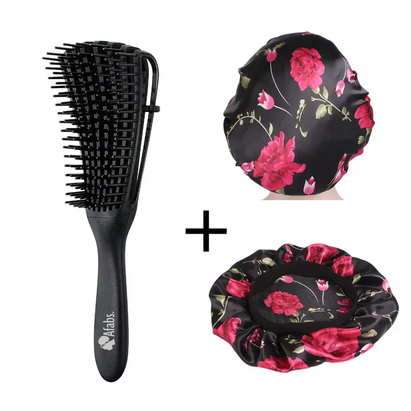 Black Detangler brush + Black pink flowers Satin Hair Bonnet | Comb for curls | Afro hair brush