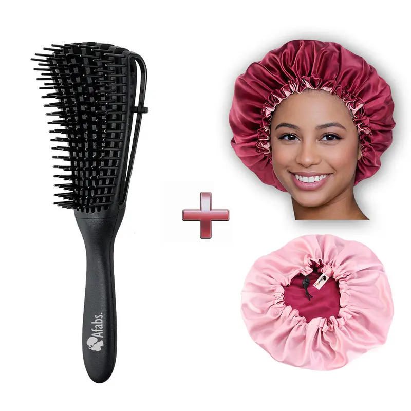 Black Detangler brush + Red Satin Hair Bonnet | Comb for curls | Afro hair brush