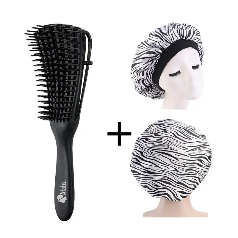 Black Detangler brush + White tiger print Satin Hair Bonnet | Comb for curls | Afro hair brush