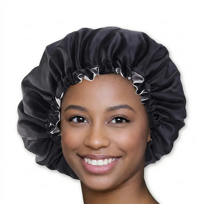 Black / Grey Satin Hair Bonnet ( Adjustable & Reversable Satin Night sleep cap )
