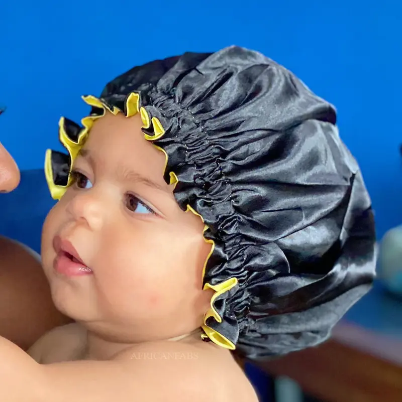 Black / Yellow Satin Hair Bonnet (Kids / Children's size 3-7 years) (Reversable Satin Night sleep cap)