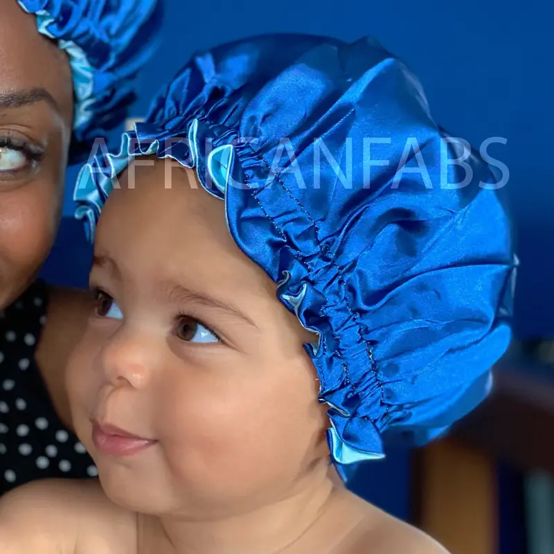 Blue Satin Hair Bonnet (Kids / Children's size 3-7 years) (Reversable Satin Night sleep cap)