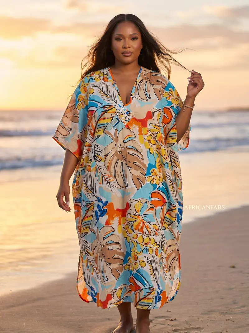 Boho rayon kaftan dress - Beige Light blue Coastal Leaves