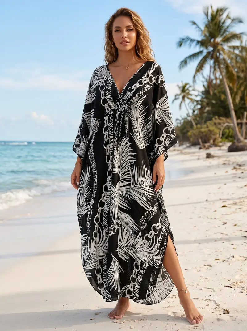 Boho rayon kaftan dress - Black White Palm Chains (larger size)