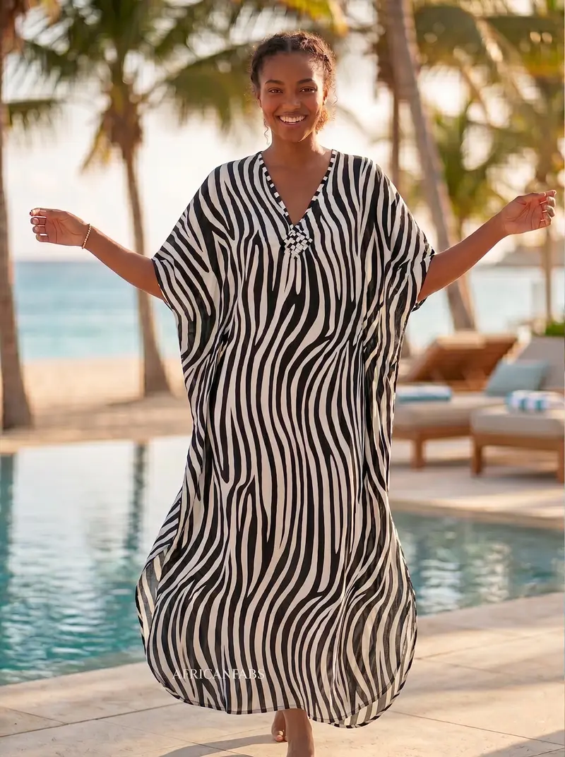 Boho rayon kaftan dress - Black White Zebra Flow