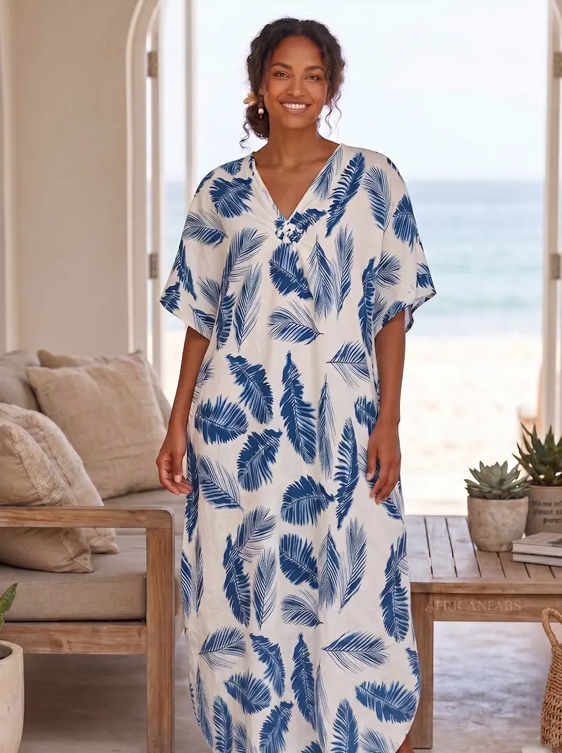 Boho rayon kaftan dress - Blue White Coastal Feathers