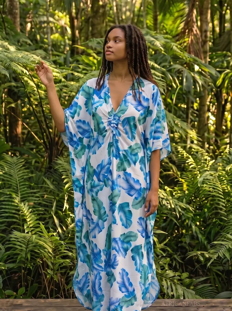 Boho rayon kaftan dress - Blue White Island Leaves