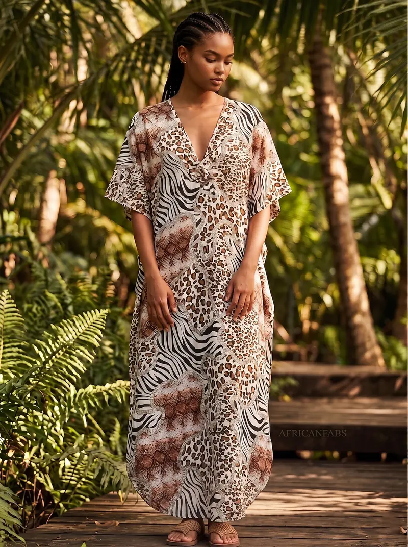 Boho rayon kaftan dress - Brown Beige Safari Blend