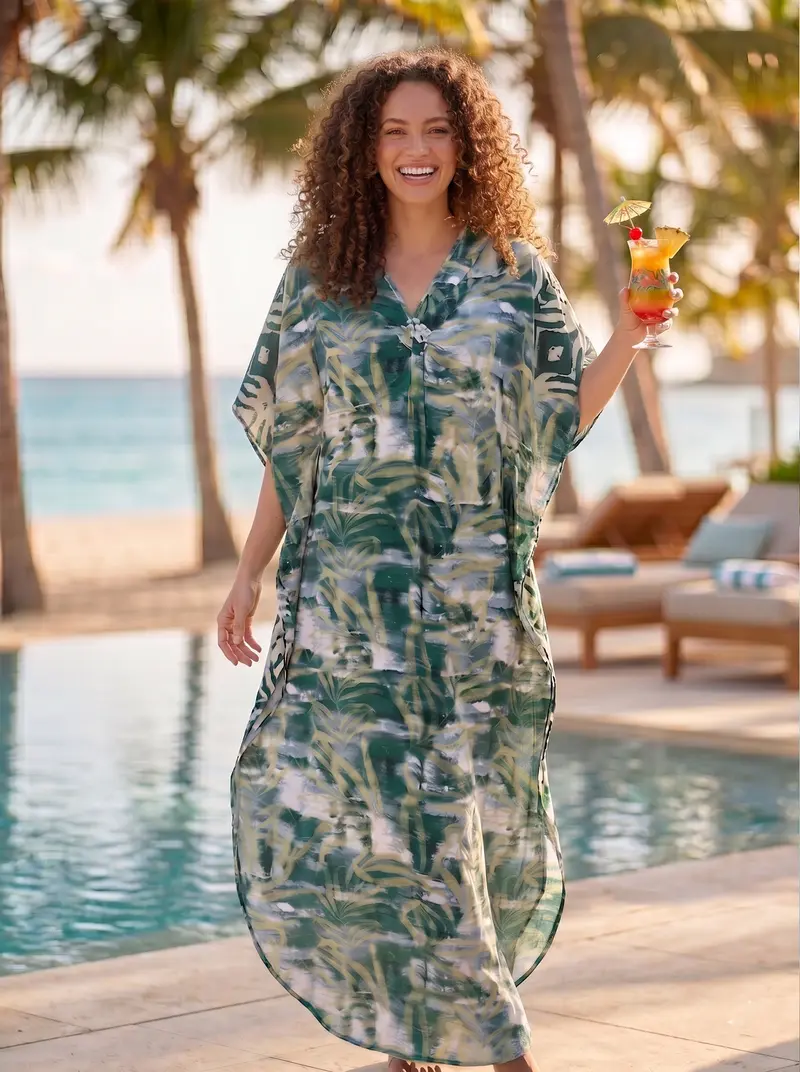 Boho rayon kaftan dress - Green Beige Jungle Mist