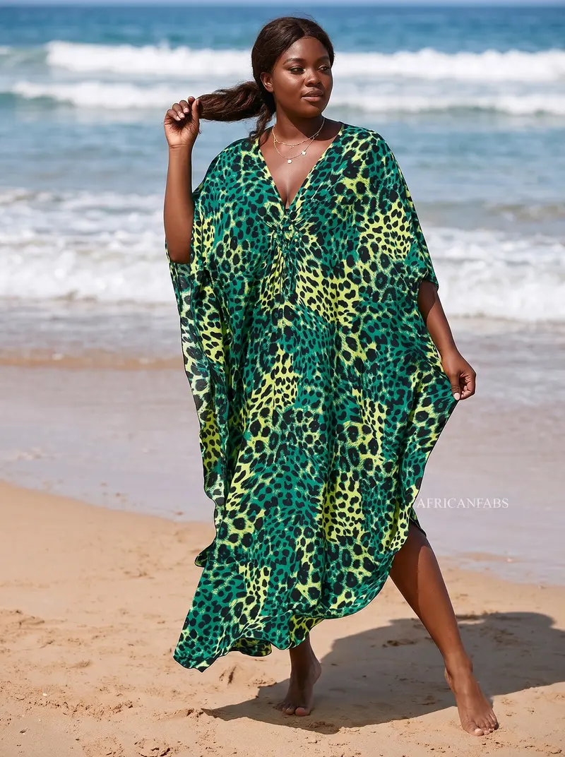 Boho rayon kaftan dress - Green Black Jungle Leopard