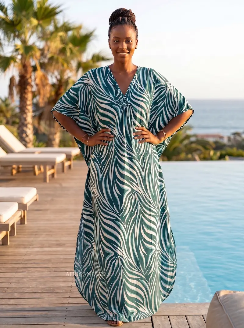 Boho rayon kaftan dress - Green White Palm Waves
