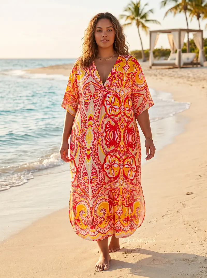 Boho rayon kaftan dress - Orange Pink Coral Bloom
