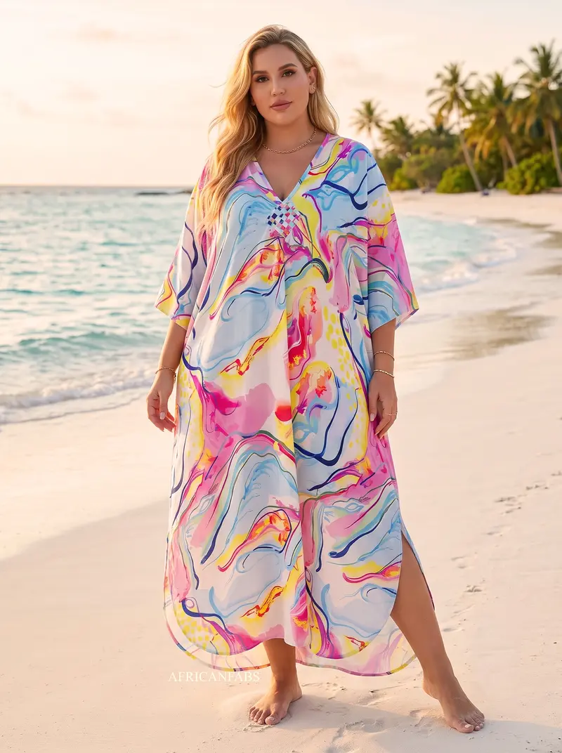 Boho rayon kaftan dress - Pink Light blue Cotton Sky