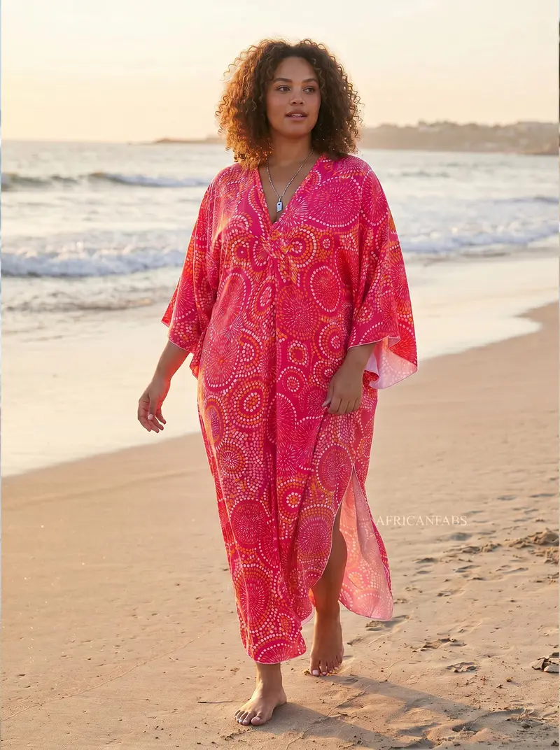 Boho rayon kaftan dress - Pink Sunburst Dots