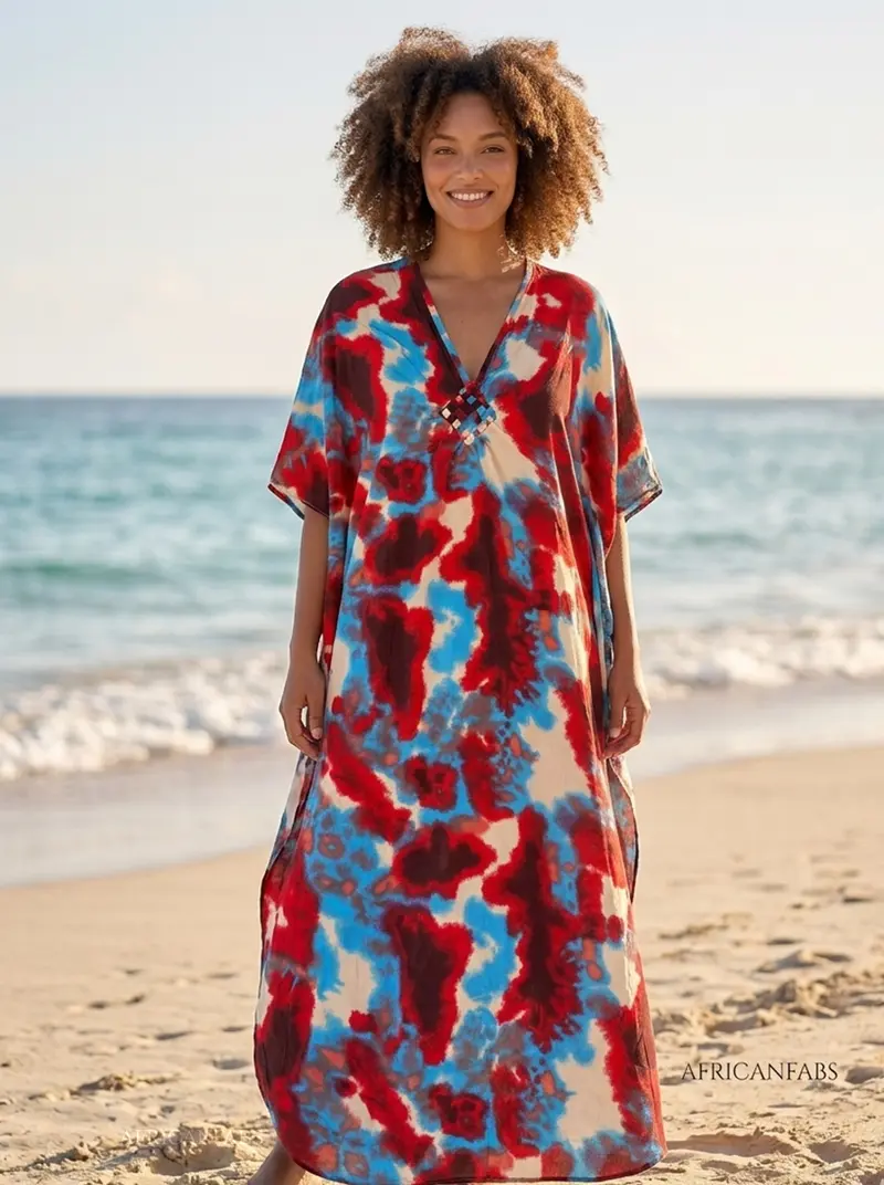 Boho rayon kaftan dress - Red Blue Sunset Tide