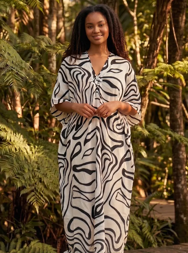 Boho rayon kaftan dress - White Black Desert Lines