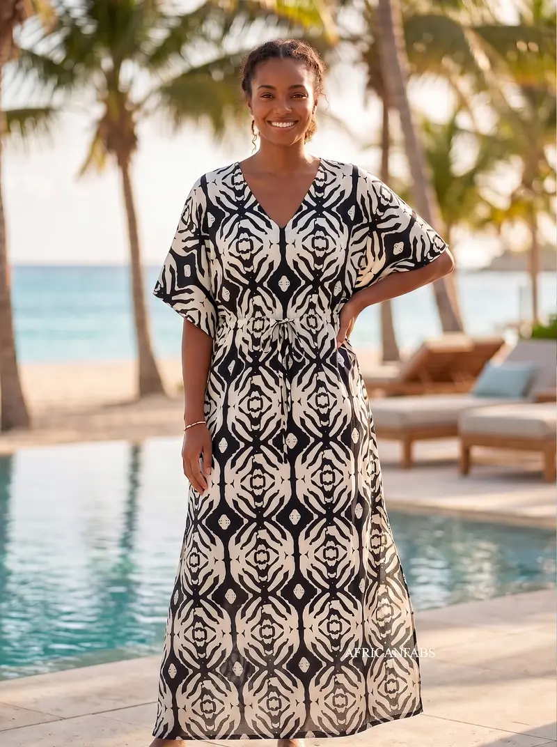 Boho rayon kaftan dress with waist strap - Black Cream Nomad Echo