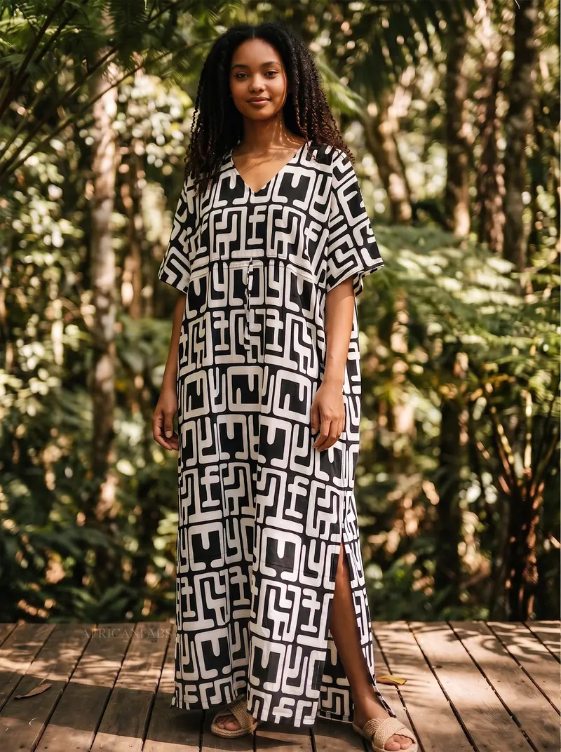 Boho rayon kaftan dress with waist strap - Black White Maze Rhythm