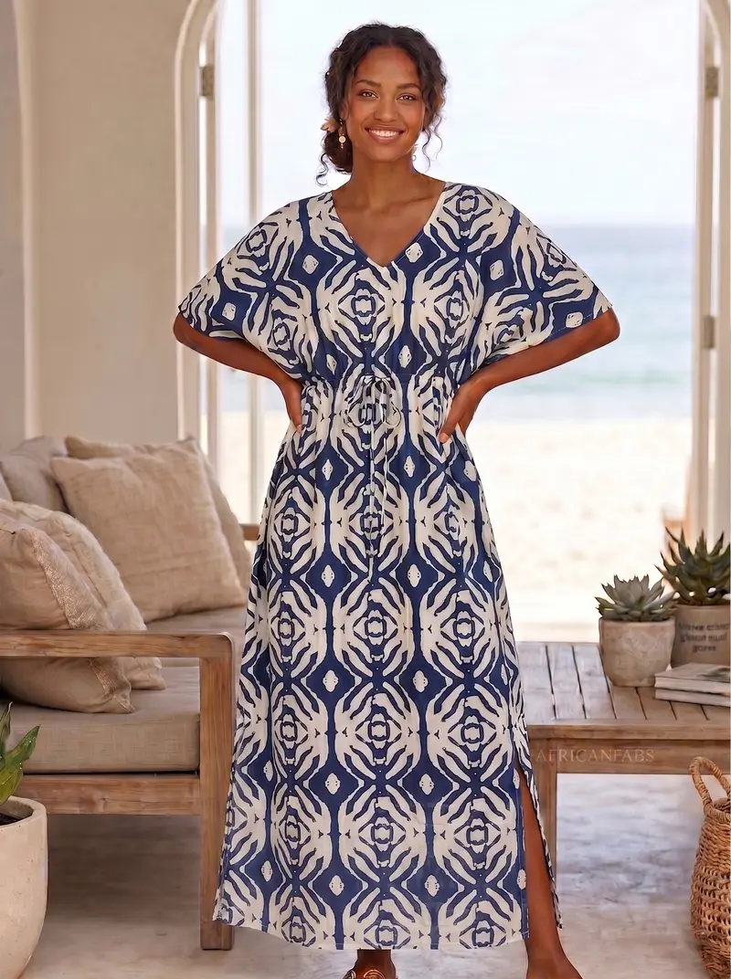 Boho rayon kaftan dress with waist strap - Blue Cream Indigo Echo