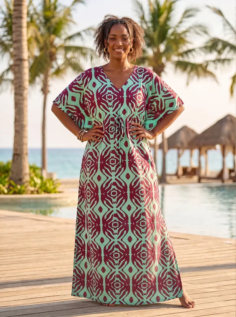 Boho rayon kaftan dress with waist strap - Burgundy Mint Tribal Mirage