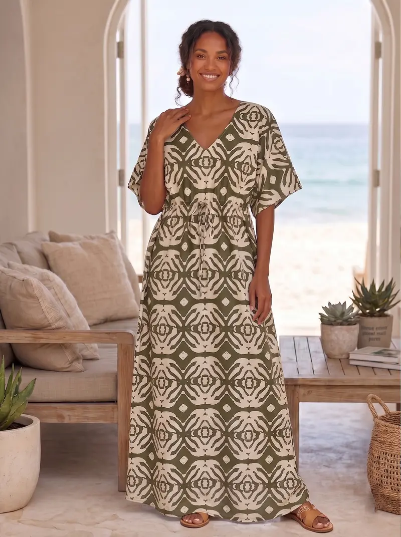Boho rayon kaftan dress with waist strap - Olive Cream Safari Echo