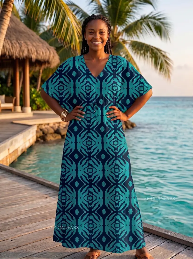 Boho rayon kaftan dress with waist strap - Turquoise Navy Ocean Mirage