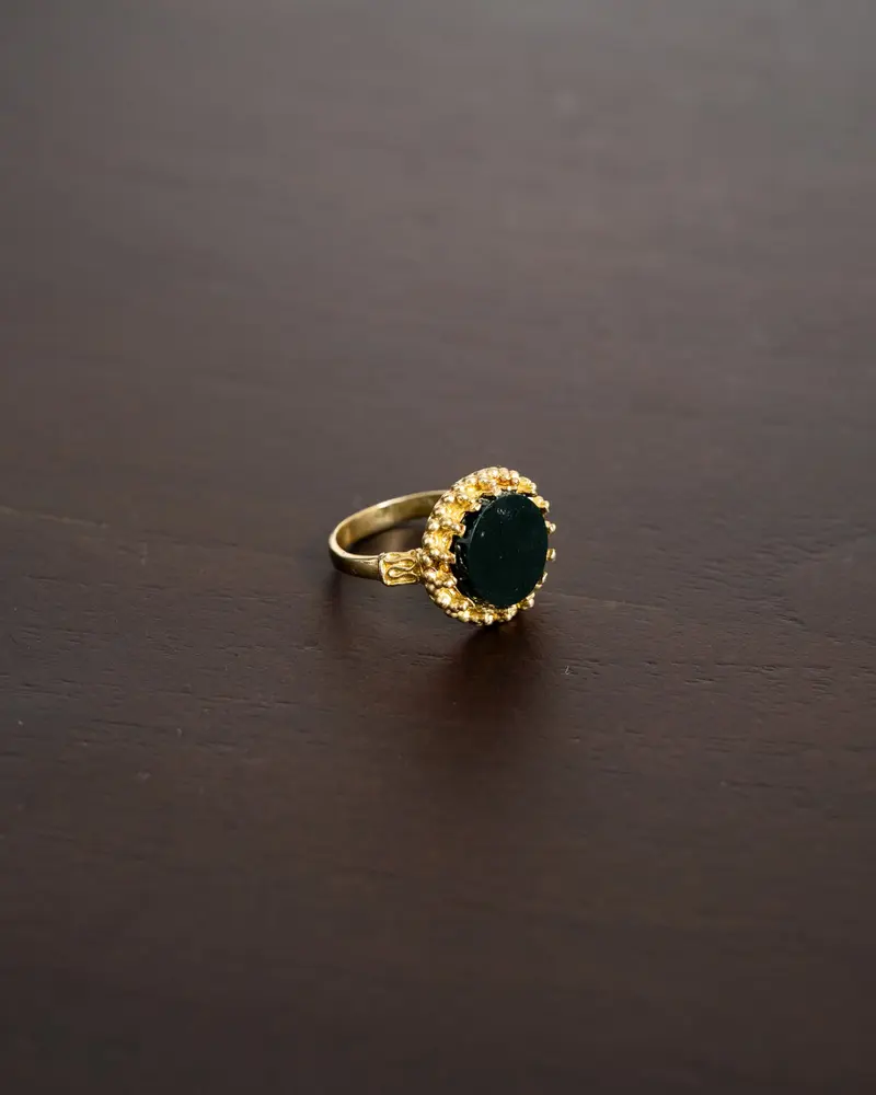 Brass dark green resin dot ring Gold