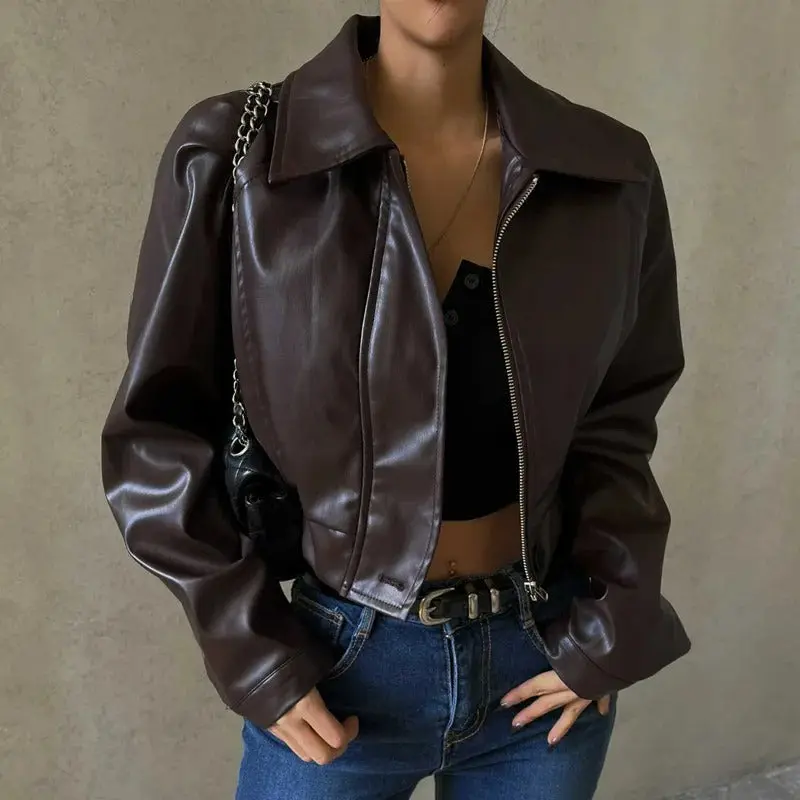 Braune PU-Leder Damen Herbstjacke mit Reverskragen – Rivka