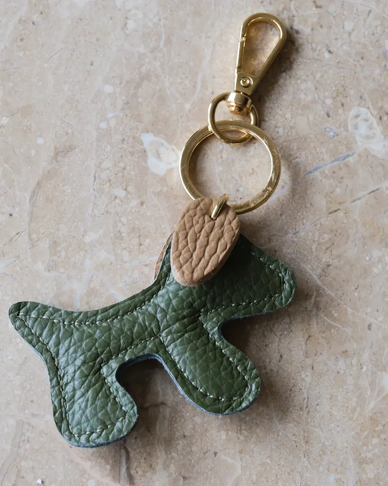 Bumpy Dog Bag Charm Real Leather Dark Green