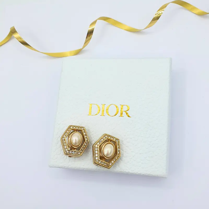 Christian Dior Hexagonal Faux Pearl Clip Earrings